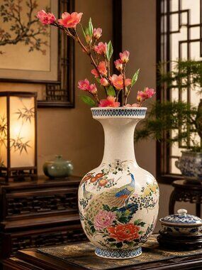Otagiri Mid Century Satsuma Peacock Phoenix Large Crackled Floral Gold Line Vase